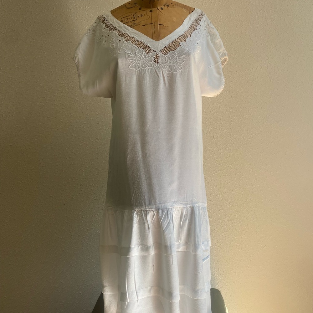 White Midi Dress with Lace V-Neck